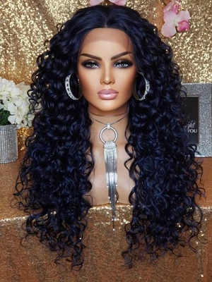 Nueva Peluca Rizada Larga Azul Profundo 4x4 Base Seda Parte Encaje Frontal Cabello Resistente al Calor Foto 1 de 4
