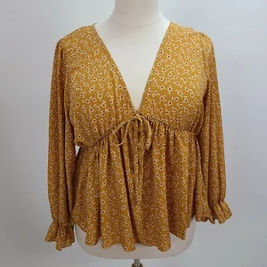Top Floral Amarillo 2XL Amarillo Cuello en V Semi Transparente Ligero Elástico Volantes Puño - Imagen 1 de 9