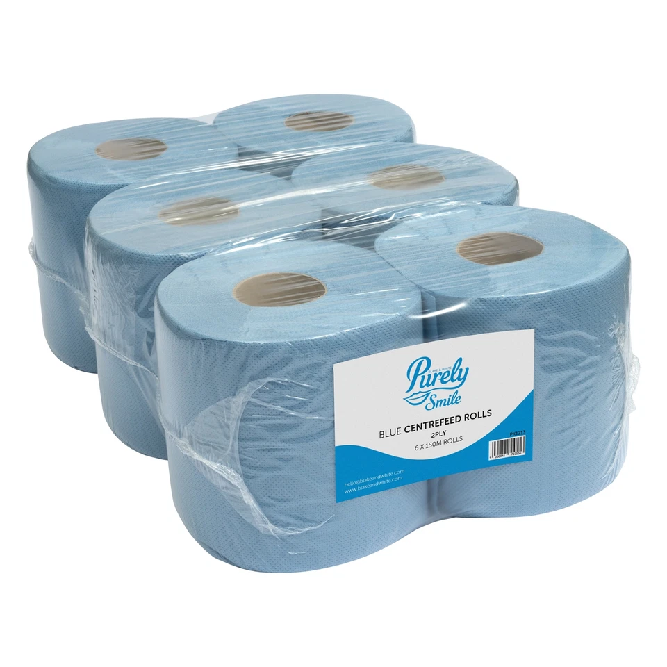 PURELY Blue CentreFeed Roll 150m x 167 2 Ply Blue Pack 6 PS1213 hand towels