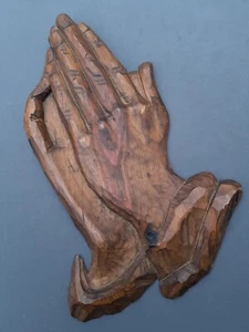 Old hand carved Praying Hands wall plaque, 14.5 inches.   - Picture 1 of 5