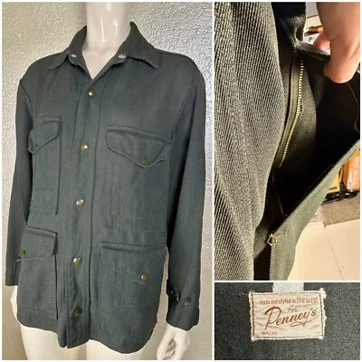 Vintage Mens 1940's PENNEY'S Green Hunting Jacket Mackinaw Flap Pocket PERFECT - Image 1 of 4