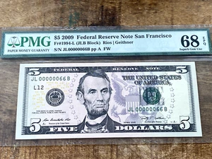 $5 2009 FRN 1994-L San Francisco PMG 68EPQ 00000066 TROPHY GRADE LOW SERIAL 66 - Picture 1 of 2