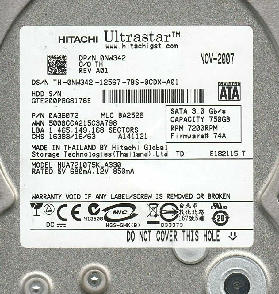 Hitachi 0A36072 750GB 7.2K RPM 3.0Gbps SATA 3.5" LFF Hard Drive HUA721075KLA330 - Image 1 of 1