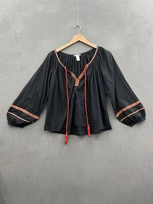 Блузка женская H&M 4 черная богемная крестьянская с красной оранжевой вышивкой - Изображение 1 из 4