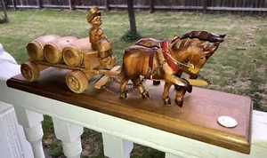 Rare Black Forest Carving Draft Horse Team Pulls Beer Keg Wagon - Picture 1 of 8