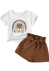 Girl's Two Piece Outfits Short Sleeve Crewneck Graphic Tees Shirts and Belted... - Picture 1 of 6