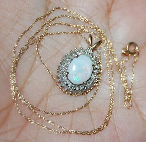 10K Yellow Gold Chain Pendant Diamond Fire Opal Gemstones Necklace Halo Cluster - Picture 1 of 8