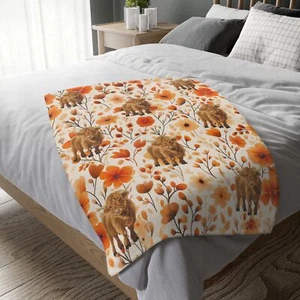 Double Sided Highland Cow floral pattern and Cow Print Blanket - Picture 1 of 8