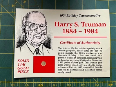 MONEDA DE ORO 14K Harry S. Truman 100 cumpleaños oro 14K mini moneda conmemorativa Foto 1 de 4