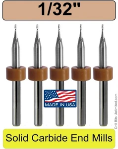 1/32" Two Flute End Mills Solid Carbide 1/8" Shanks Up Cut .120" Depth FIVE Pcs. - Picture 1 of 5