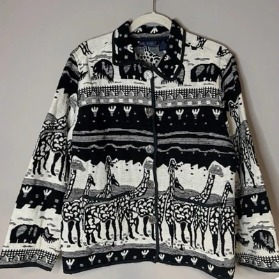De Colección Jane Ashley Negro Blanco Animal Africano Jirafa Elefante Tapiz Chaqueta L Foto 1 de 4