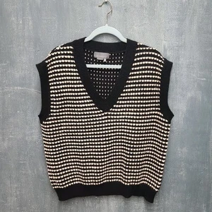 By Anthropologie Sweater Vest Chunky Knit V-Neck Pullover Black Tan - Picture 1 of 8