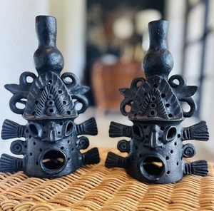 Paar 60er Mid Century Oaxacan Barro Negro Totem Maske Skulptur Kerzenhalter - Bild 1 von 16