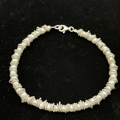 Pulseira de contas de pérolas de prata esterlina 925 água doce branca 5 mm 7,25" - Imagem 1 de 4