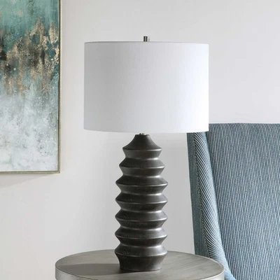 Uplift Carved Wood Table Lamp in Rustic Black Modern Lodge Uttermost 28288-1 - Image 1 of 4