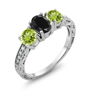2.32 Ct Oval Black Sapphire Green Peridot 925 Sterling Silver Moissanite Ring - Picture 1 of 4