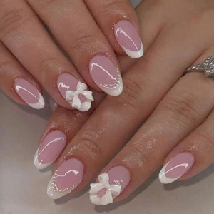 24 unas postizas blancs perlas corto lazo rosa diseno acrilicas mujer pegables - Photo 1/12