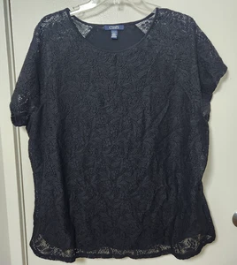 Chaps Womens Black Lace Overlay Short Sleeve Top NWT 2XL Dark Romantic Goth - Picture 1 of 11