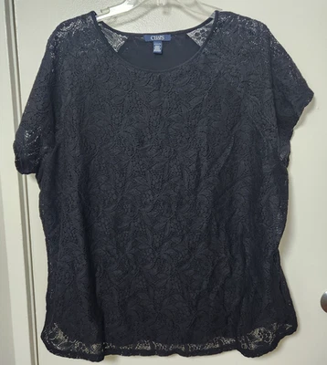 Chaps женщин черный кружевной оверлей коротким рукавом Топ новый с Ярлыками 2XL темно романтический готический - Изображение 1 из 4