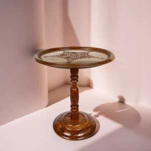 Table Carved Sheesham Wood | Handmade Round Accent Table | Antique Decor 18" - Picture 1 of 7