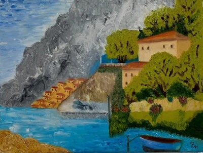 Ölbild "Insel im Mittelmeer" Zeichnung Gemälde Original Dekoration Keilrahmen - Bild 1 von 2