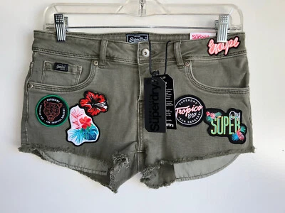 NWT Superdry Denim Hot Shorts Olive Patchwork Cut-Off Jean Shorts Size 10 - Image 1 of 4