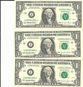 Three $1 FRN "J" notes 1990 consecutive numbers pefect condition - Picture 1 of 2
