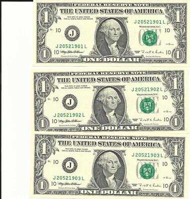 Three $1 FRN "J" notes 1990 consecutive numbers pefect condition - Image 1 of 2