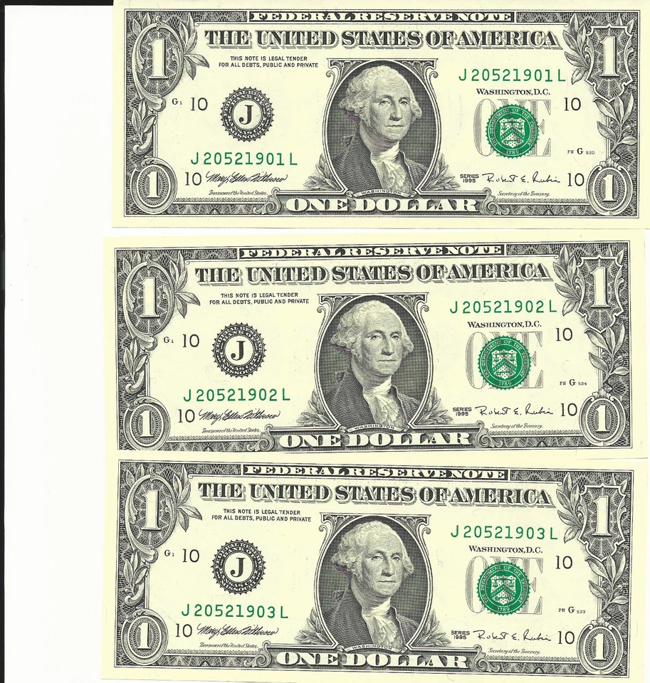 Three $1 FRN "J" notes 1990 consecutive numbers pefect condition - Image 1 of 2
