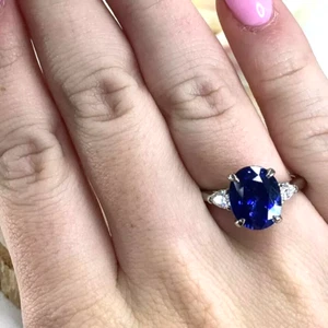 950 Platinum 4.60 Ct Oval Cut Lab Grown Blue Sapphire & Diamond Engagement Ring - Picture 1 of 10