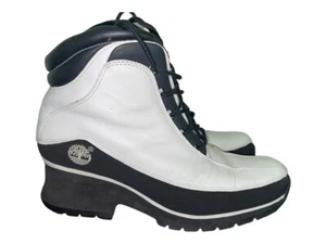 Timberland Boots Women Sz 7.5M  White Leather Euro Dub Black Lace Up Block Heel - Picture 1 of 12