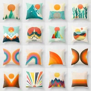 Abstract Rainbow Geometric Pillow Case Sunrise Mountain Polyester Cushion Cover - Picture 1 of 72