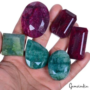 1370 Ct/6 Pc Natural Ruby Emerald Mix Faceted Cut Earth Mined Huge Size Gemstone - Picture 1 of 5