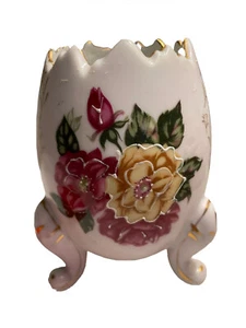 Pink Roses Broken Egg Footed Vase Gold Trim C1084 Egg Cup 4.5” - Picture 1 of 7