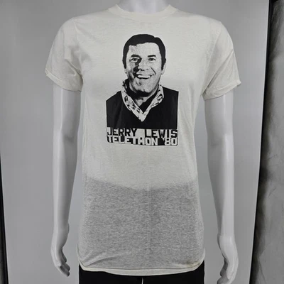 Camiseta vintage 1980 Jerry Lewis Teletón '80 blanca delgada puntada única (S) Foto 1 de 4