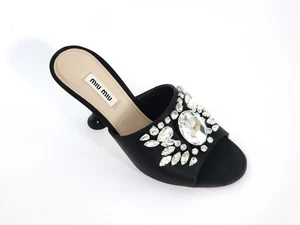 MIU MIU Black Silk Crystal Stiletto Slide Sandals Shoes IT37.5/US7 NIB - Picture 1 of 7