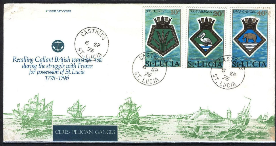 FDC AH58 St Lucia 1976 FDC warship Pelican 3v - Image 1 of 1
