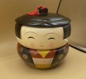Vintage Japanese Lacquerware Kokeshi Doll Stacking Bowls Bento Box w/ Hat- Black - Picture 1 of 12
