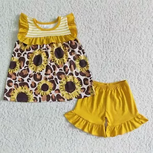Girls Sleeveless Flutter Tunic Shorts Set Sunflower Leopard Print 2cs Outfit - Picture 1 of 1
