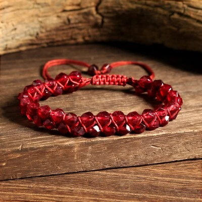Faceted Garnet Beads Double Braided Dainty Healing Reiki Handmade Luck Bracelet - Image 1 of 4