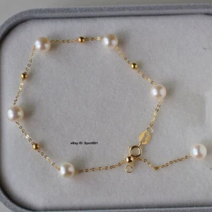 Au750 Pure 18K Yellow Gold O Chain with Freshwater Pearl Beads Link Bracelet - Picture 1 of 5