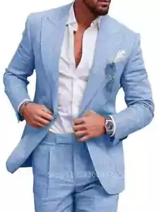 2 Piece HQ Blazer Pants Linen Wedding Men Suit Casual Single Breasted Slim Fit - Picture 1 of 26
