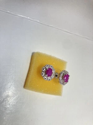 Brass Rodium Plated Synthetic Ruby Earrings - Image 1 of 4