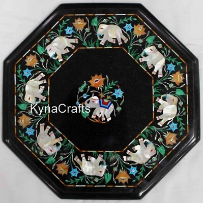 Black Marble Coffee Table Top Semi Precious Stone Inlay Work Hallway Side Table - Image 1 of 4