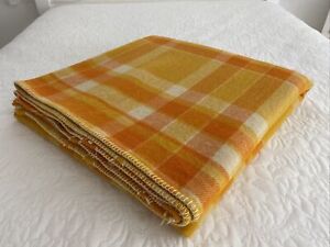 Vintage St Mark Australian Wool Blanket Orange/Yellow Check Queen