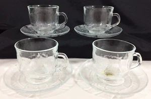 Arcoroc FLEUR Glass 4 Cup Mug & Saucer Plate Set 8 Pc Flower Petal Vtg FRANCE - Picture 1 of 12