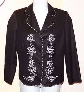 Nice MARY MCFADDEN PETITES Black/White L/S Floral Embroidered Linen Jacket 10P - Picture 1 of 7