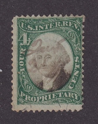 MATT'S STAMPS US SCOTT #RB4b 4-CENT GREEN & BLACK ON GREEN PAPER, USED CV$25 - Image 1 of 3