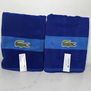 Lacoste Blue Bath Towels 2 Pack 100% Cotton 30" x 52" Big Crocodile Logo - Picture 1 of 9