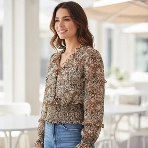 Top Anthropologie Mujer XS Azul Marrón Floral Gasa Guisante Boho Cottage - Imagen 1 de 17